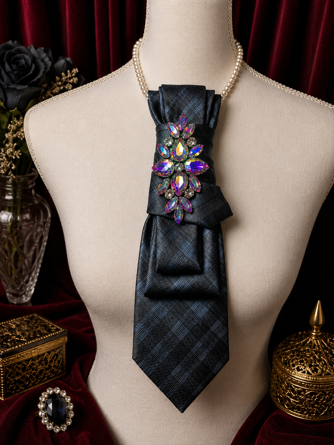 Shadowed Grace Victory Knotz - Charcoal statement tie with iridescent crystal brooch by Victory Knotz